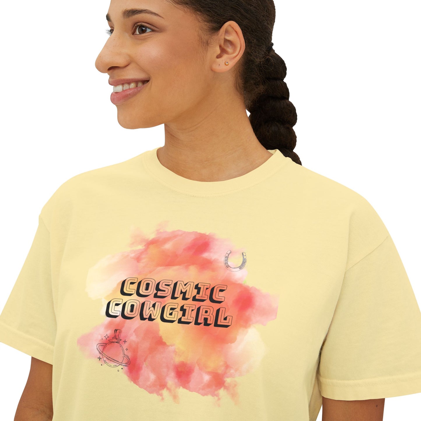 Cosmic Cowgirl Women's Boxy Tee - Soft Pastel Graphic Shirt for Lovers