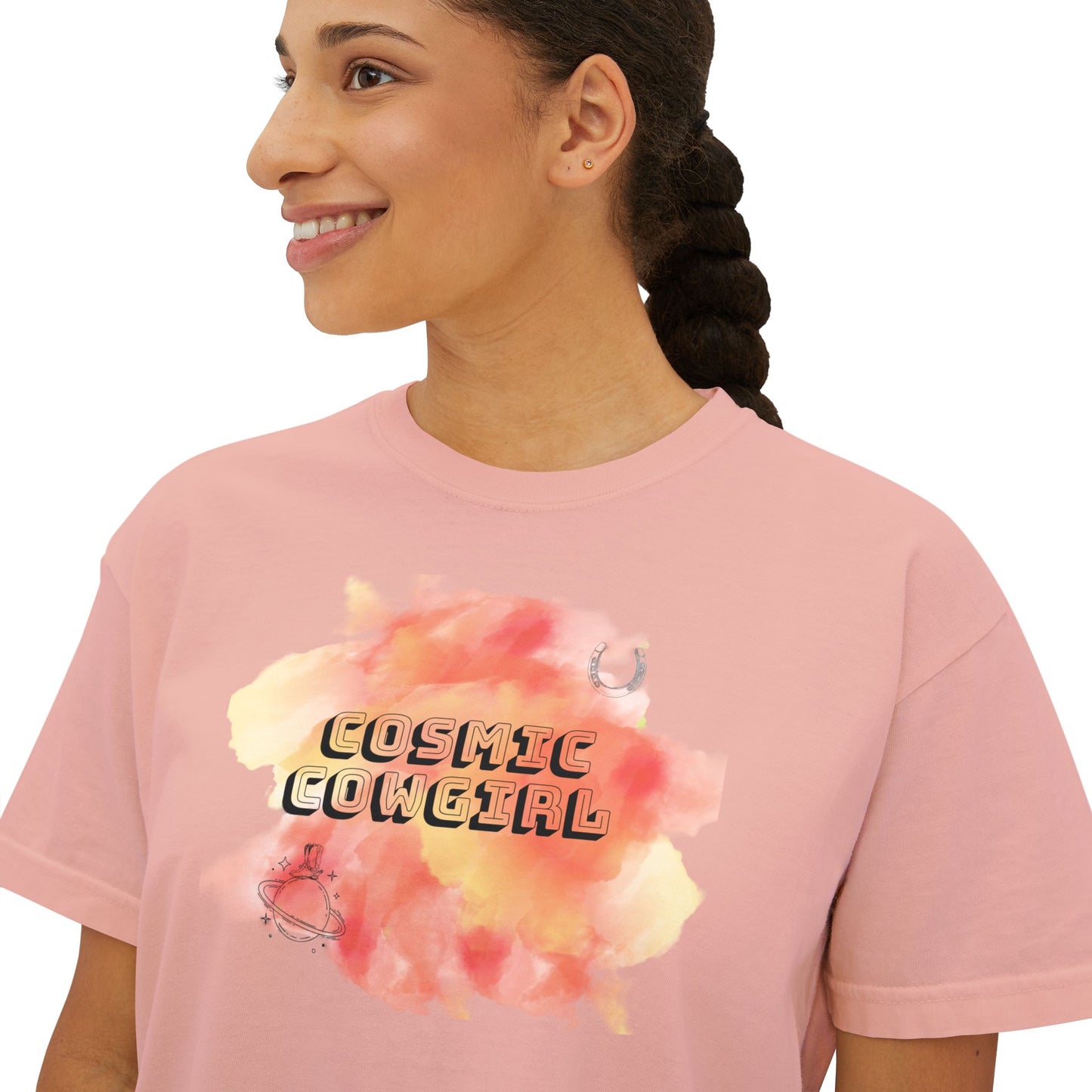 Cosmic Cowgirl Women's Boxy Tee - Soft Pastel Graphic Shirt for Lovers