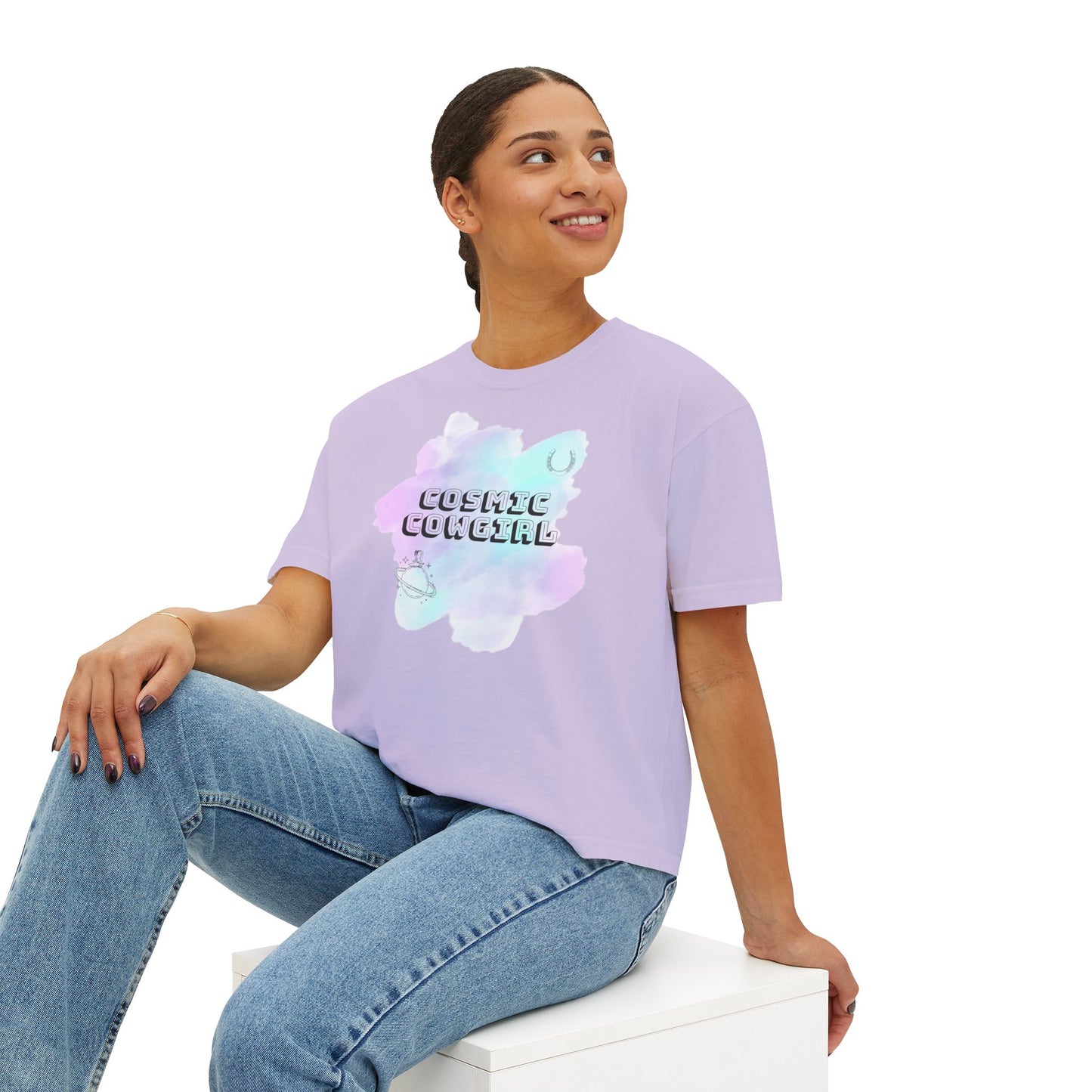 Cosmic Cowgirl Women's Boxy Tee - Soft Pastel Graphic Shirt for Lovers