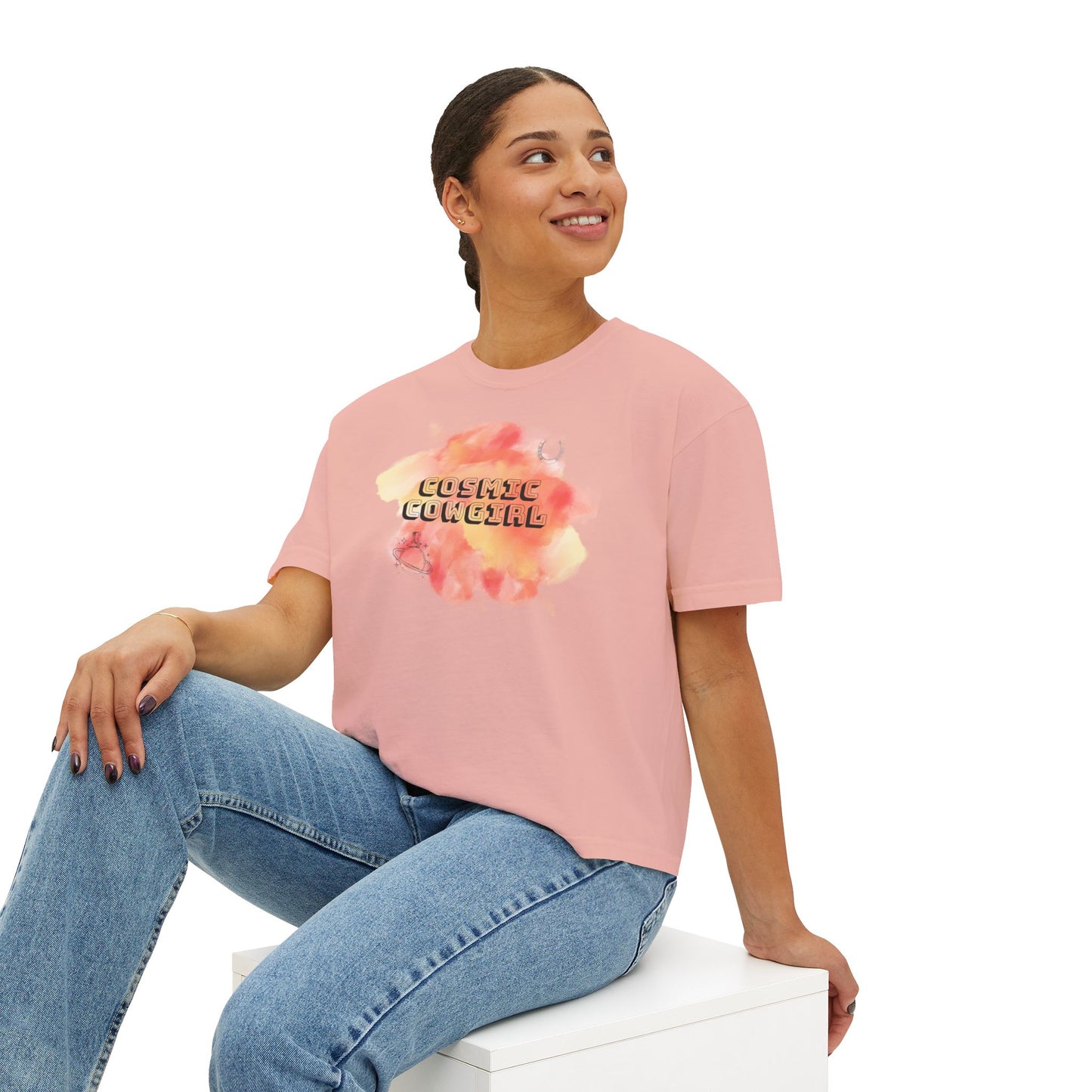 Cosmic Cowgirl Women's Boxy Tee - Soft Pastel Graphic Shirt for Lovers