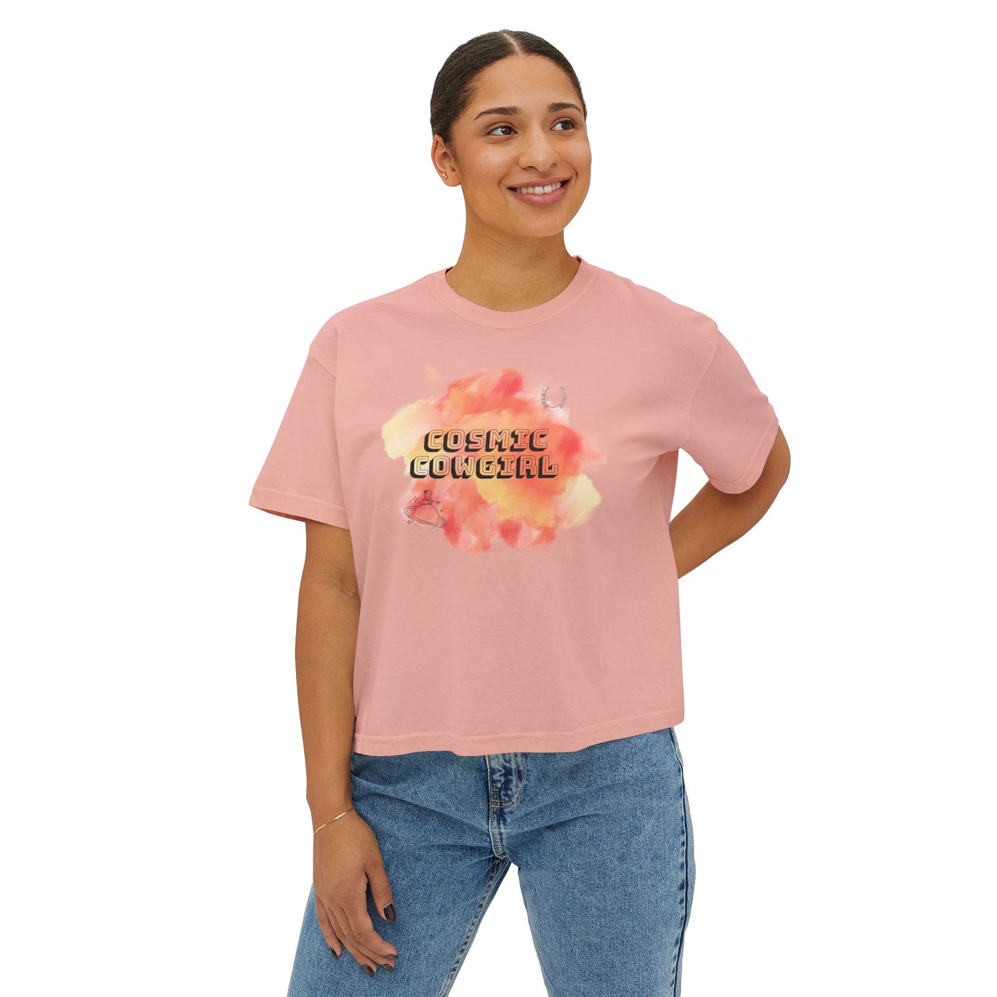 Cosmic Cowgirl Women's Boxy Tee - Soft Pastel Graphic Shirt for Lovers