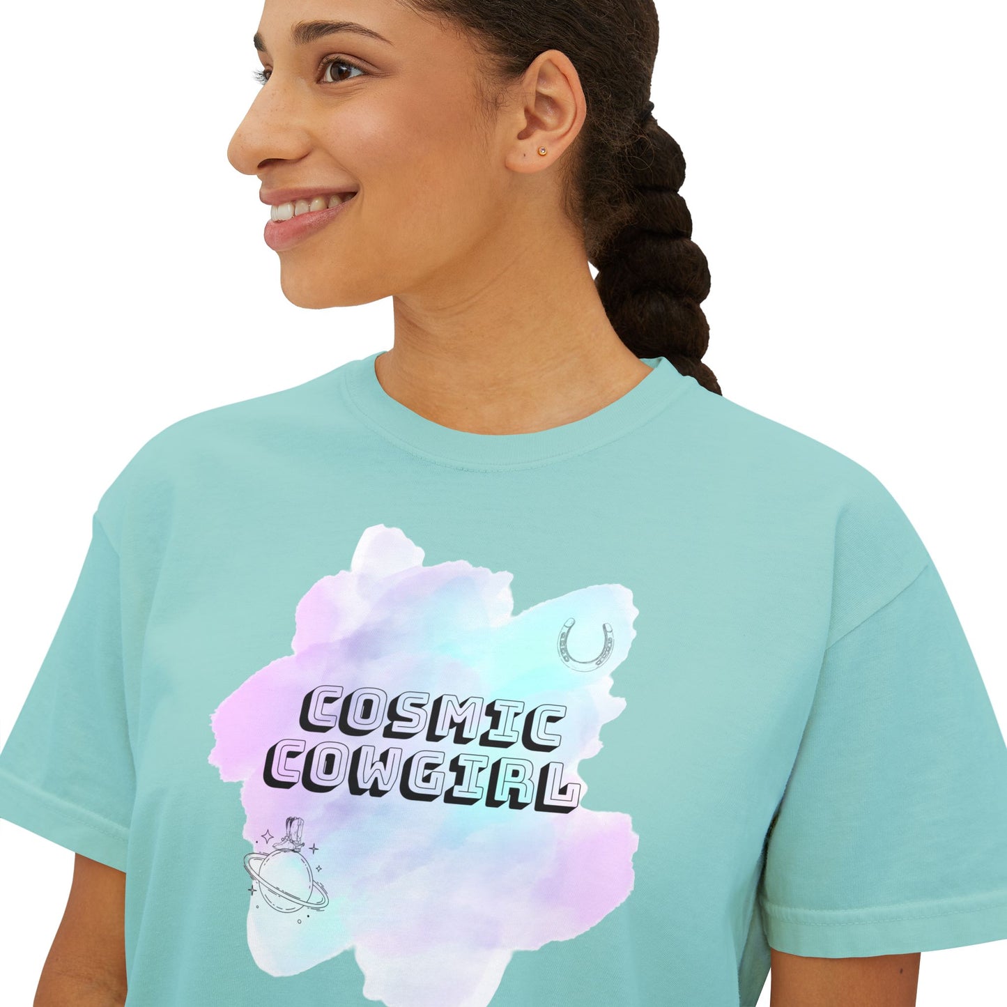 Cosmic Cowgirl Women's Boxy Tee - Soft Pastel Graphic Shirt for Lovers