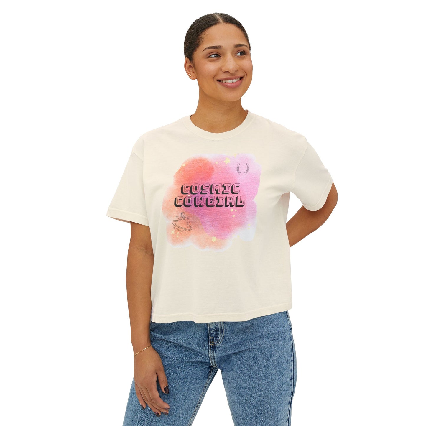 Cosmic Cowgirl Women's Boxy Tee - Soft Pastel Graphic Shirt for Lovers
