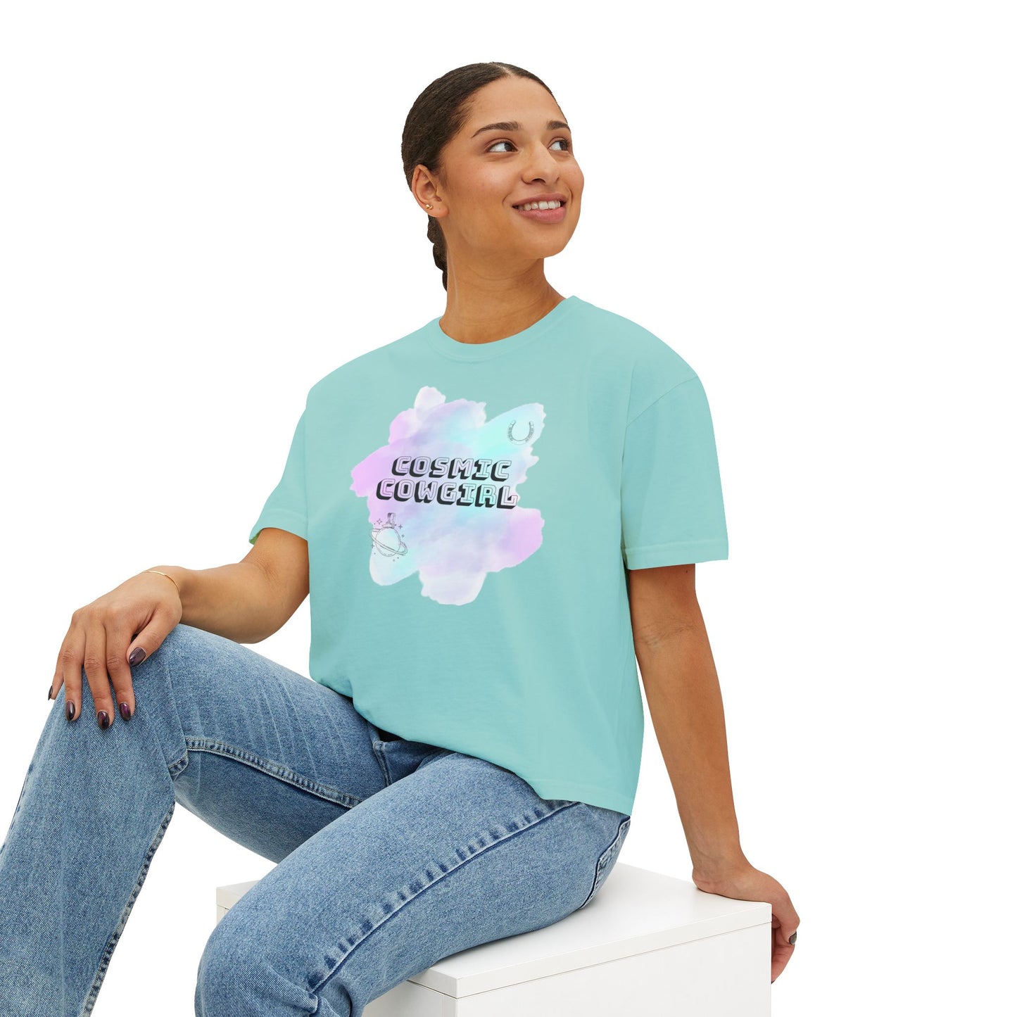 Cosmic Cowgirl Women's Boxy Tee - Soft Pastel Graphic Shirt for Lovers