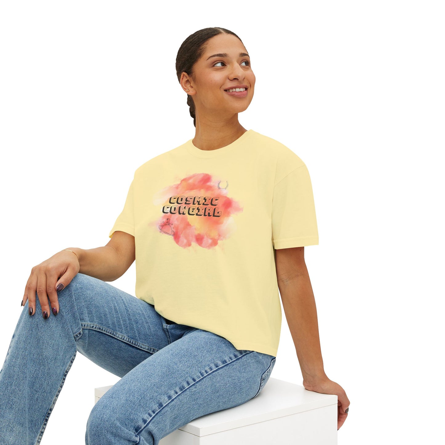 Cosmic Cowgirl Women's Boxy Tee - Soft Pastel Graphic Shirt for Lovers