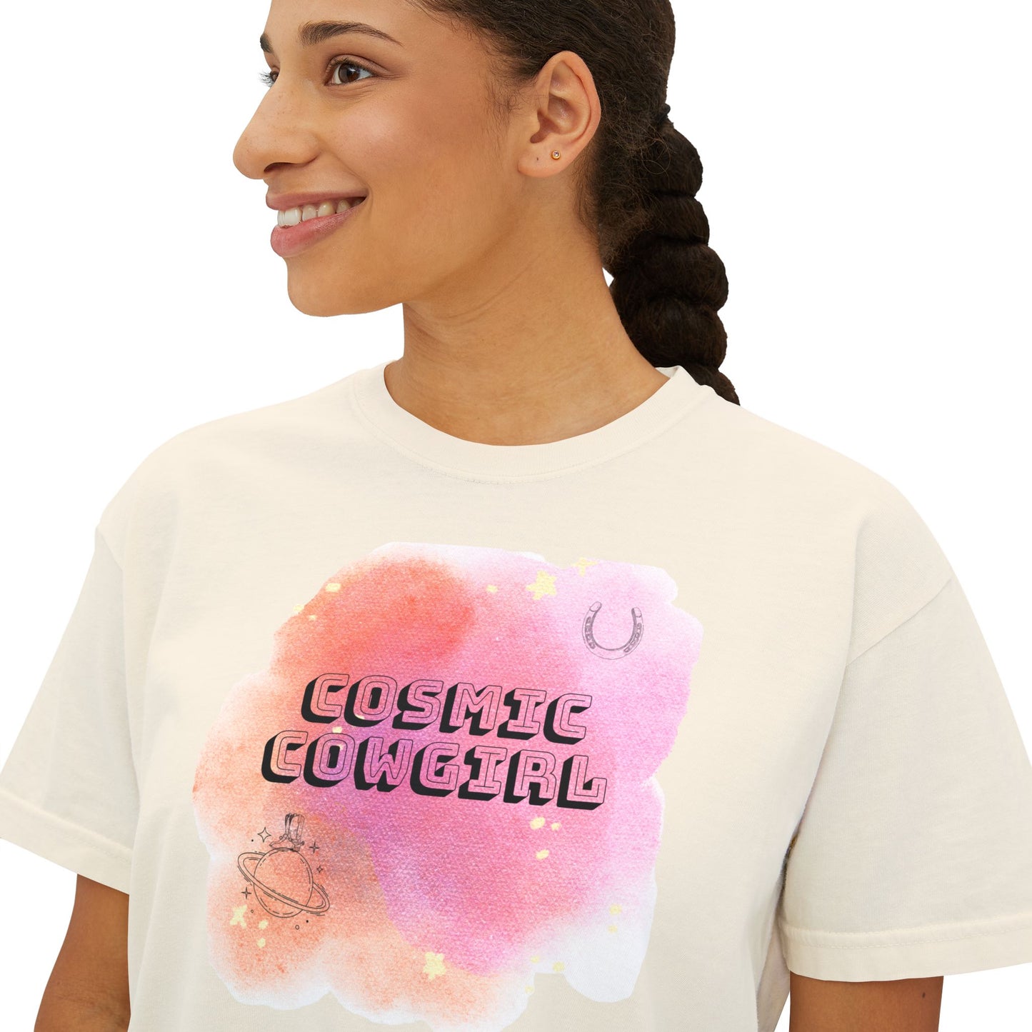 Cosmic Cowgirl Women's Boxy Tee - Soft Pastel Graphic Shirt for Lovers