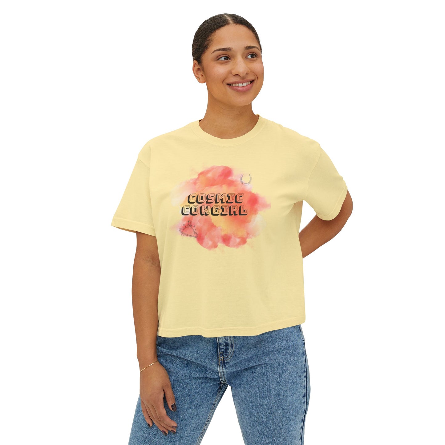 Cosmic Cowgirl Women's Boxy Tee - Soft Pastel Graphic Shirt for Lovers