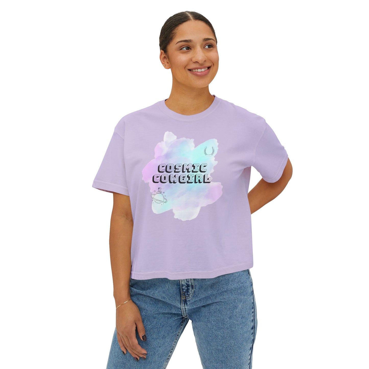 Cosmic Cowgirl Women's Boxy Tee - Soft Pastel Graphic Shirt for Lovers