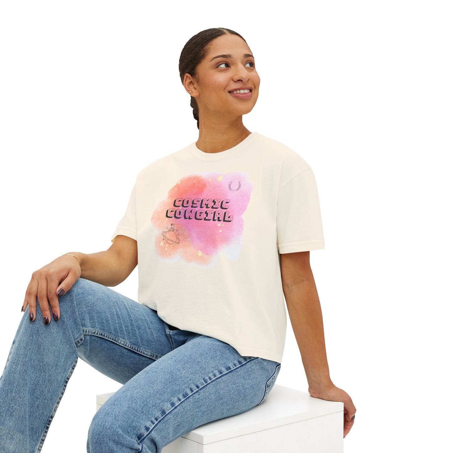 Cosmic Cowgirl Women's Boxy Tee - Soft Pastel Graphic Shirt for Lovers