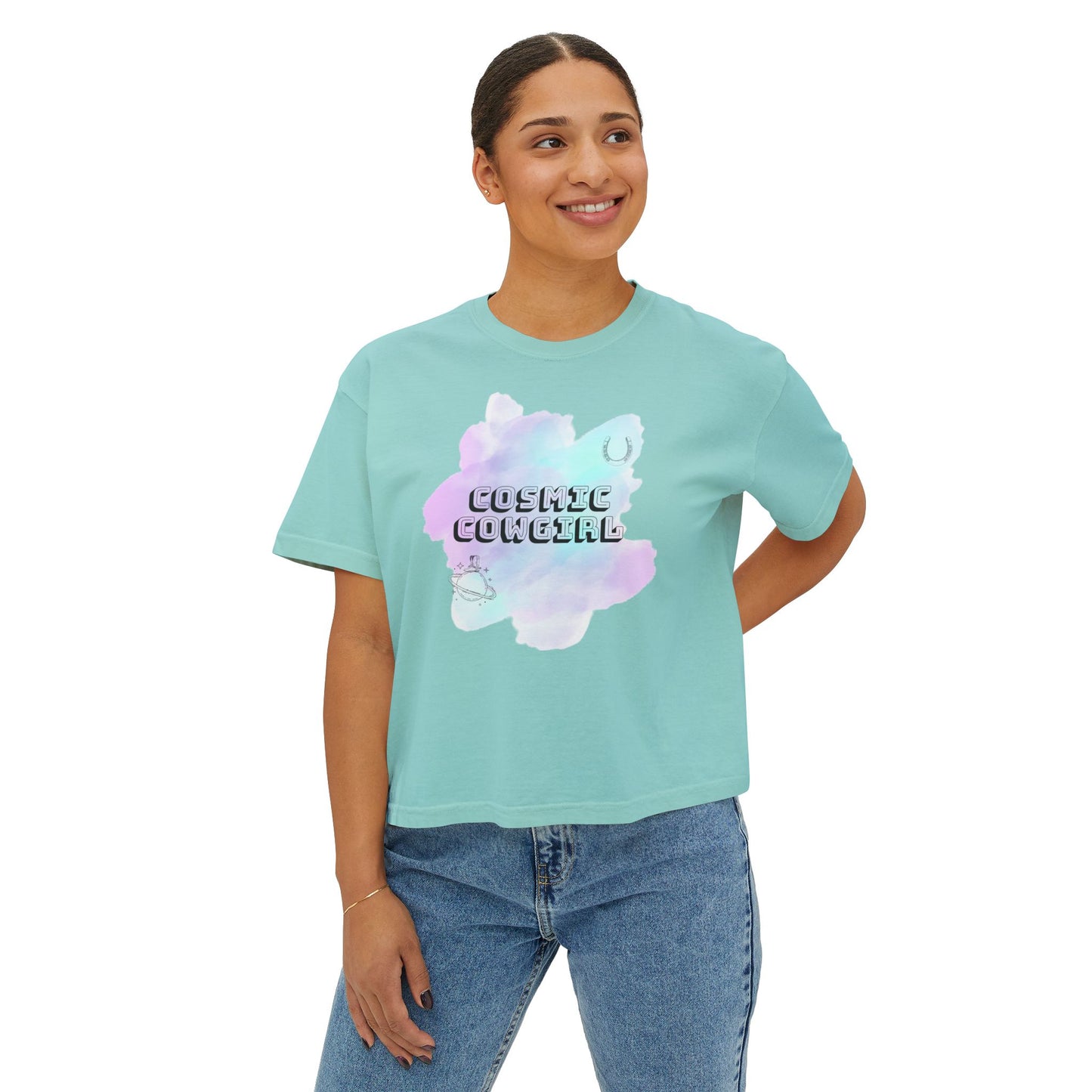 Cosmic Cowgirl Women's Boxy Tee - Soft Pastel Graphic Shirt for Lovers
