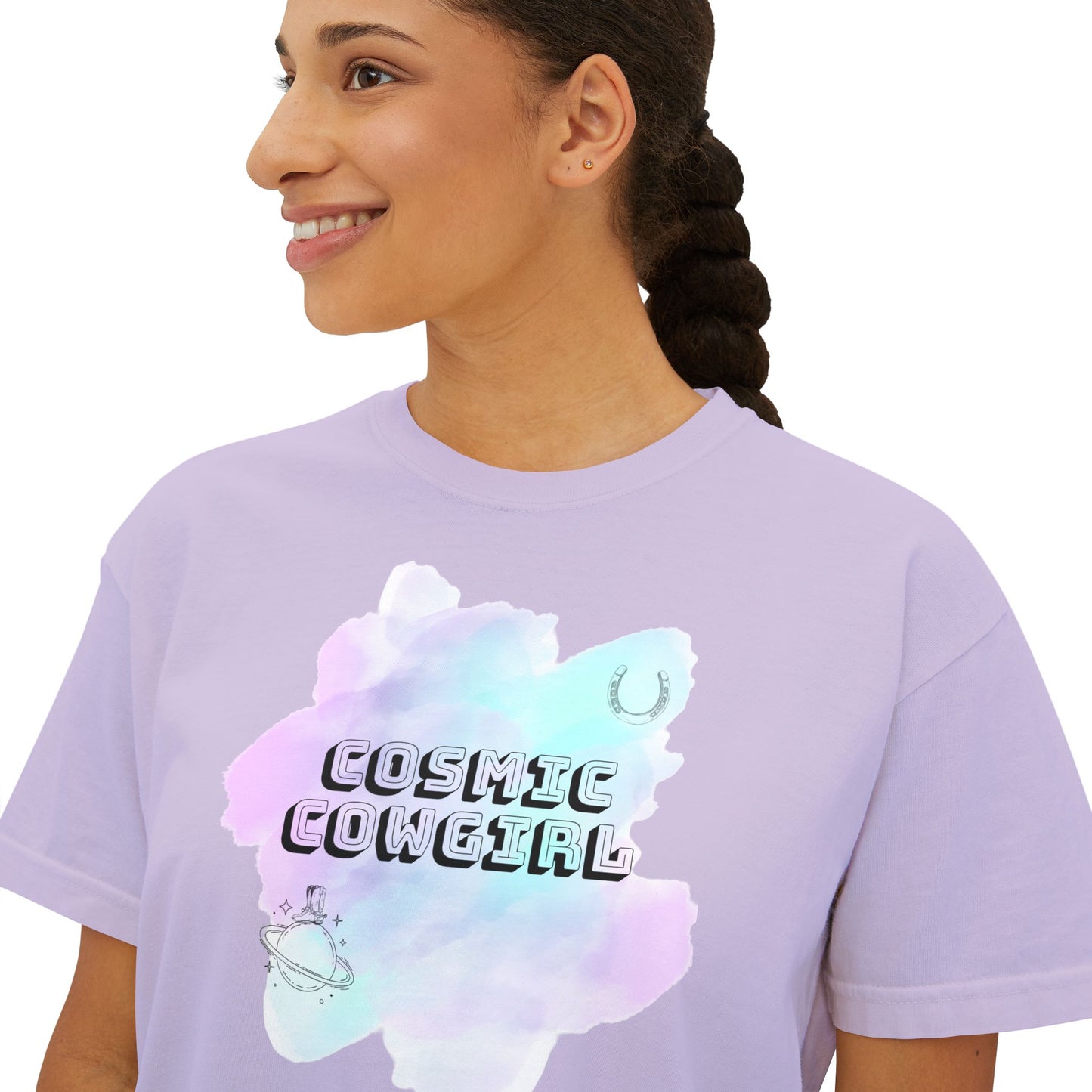 Cosmic Cowgirl Women's Boxy Tee - Soft Pastel Graphic Shirt for Lovers