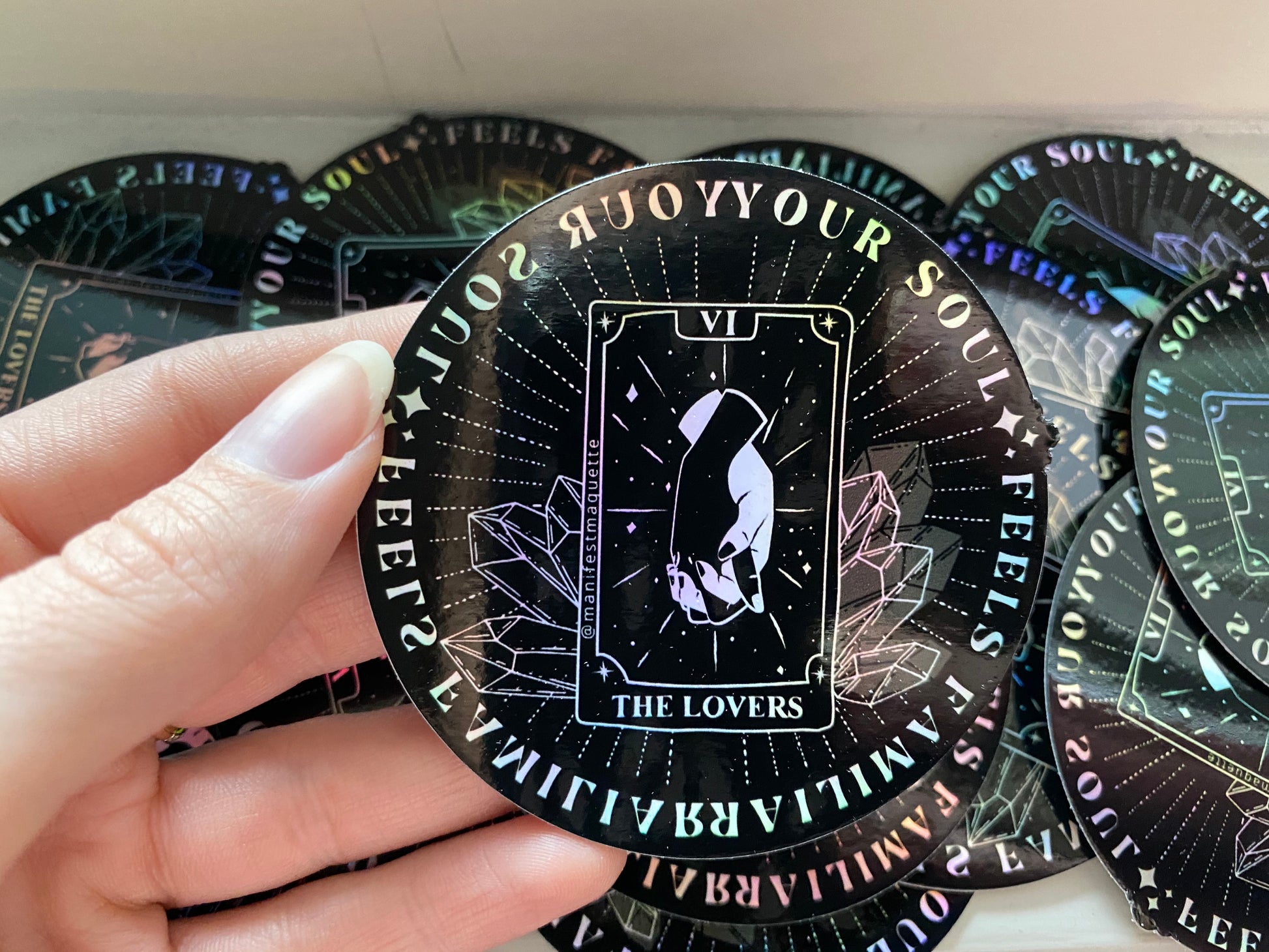 Your Soul Feels Familiar Holographic Sticker, Tarot cards, Crystals, vibes